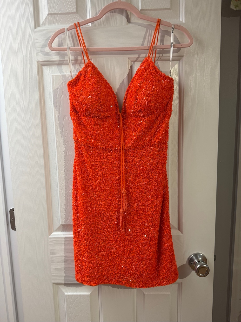 Jovani Orange Sequin Double-Strap Mini Dress